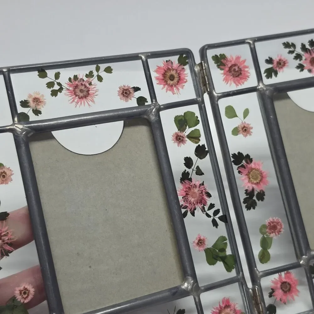 Pressed Flowers Metal Stained Glass Foldable Double Picture Frame By Malden